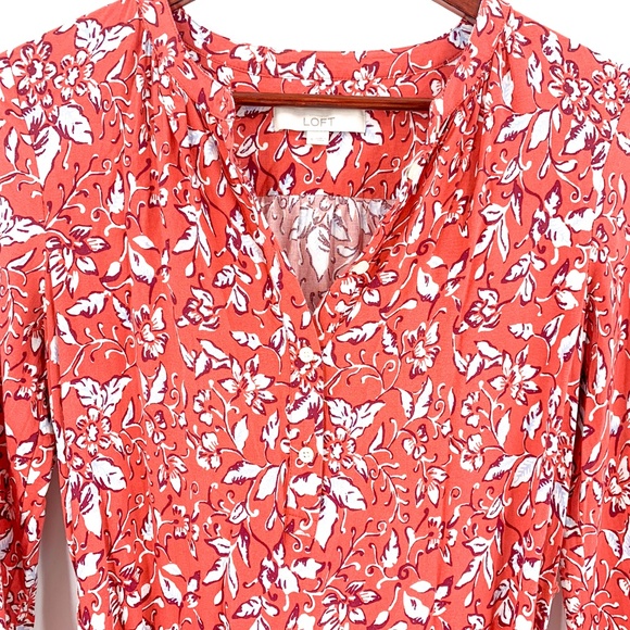 Loft Red Floral Long Sleeve Tie Waist Dress - Picture 3 of 7